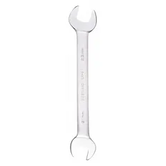 Alloy steel double-end open end wrench with satin finish. Features 21 mm and 23 mm head sizes and an overall length of 10 1/4 inches. Used for tightening or loosening nuts and bolts in applications such as automotive repair, machinery maintenance, and industrial assembly.
