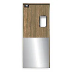 This single-door insulated swinging door features a natural wood finish with zinc construction. It includes a polycarbonate window, bumpers, and mounting hardware; door seals are not included. Suitable for applications requiring temperature control and frequent traffic, such as walk-in coolers, freezers, and clean rooms.