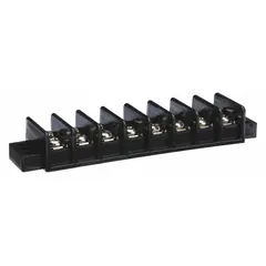 This 8-pole surface mount barrier strip accepts wire sizes from 22 AWG to 10 AWG and is rated for a maximum current of 30 A. It is used for organizing and securing electrical connections in control panels, power distribution, and automation systems. No cover is included.