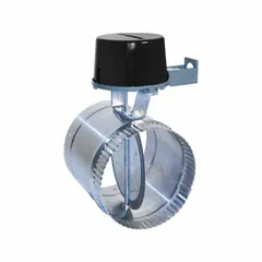 Motorized fresh air intake damper for HVAC systems, 20-inch diameter, normally closed flat blade with rubber seal. Operates on 24V AC, maximum air velocity 1,000 fpm. Galvanized steel housing with crimped/slip-over connections, includes 3-wire harness with modular damper connector.