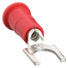 Insulated fork terminal from the TH Series with vinyl insulation, butted barrel, and block fork configuration. Designed for #10 stud size, accepts 22 AWG to 18 AWG wire, rated for 1000 V. Used for terminating wires to stud connections in electrical panels, control cabinets, and industrial machinery.