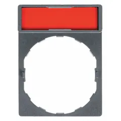Rectangular legend plate for 22 mm push-button operators. Non-metallic plastic construction with black/red color scheme and tab attachment. Overall height 1 5/8 in, width 1 3/16 in. Used to label control panel push-button stations.