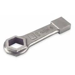 This AMPCO striking box end wrench is made from aluminum bronze for nonsparking performance. It features a straight handle with a 6-point box end, a 2 in head size, and an 11 in overall length. Suitable for use in hazardous environments where spark resistance is required, such as in industrial maintenance and assembly tasks.