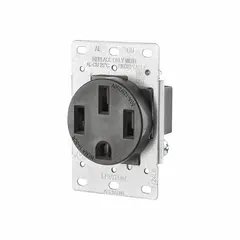 Single NEMA 14-50 receptacle rated 125/250V AC and 50A, 3-pole/4-wire configuration. Black finish. Suitable for high-current applications such as electric vehicle charging, RV parks, and industrial equipment requiring a 50-amp circuit.