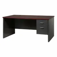 This single pedestal desk features a mahogany melamine laminate with particleboard core desktop and a charcoal steel frame. It includes one pedestal with two drawers and a modesty panel, suitable for office or workstation use
