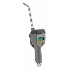 Digital metered preset dispense gun with 1/2 in FNPT connection. Designed for automatic dispensing of fluids from drums, enabling accurate and hands-free fluid transfer in industrial maintenance, lubrication, and fluid handling applications.