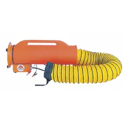12 V DC axial blower and ducting combination unit for confined space ventilation. Includes a canister with 25 ft of 8 in diameter duct installed. Operates on 12 V DC with vehicle battery hookups. Suitable for supplying fresh air or exhausting fumes in tanks, vaults, and manholes.