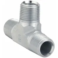 Steel pipe tee with 1-inch NPT connections configured as Run x Run x Branch. Rated for a maximum operating pressure of 2,000 psi. Used to split or combine fluid flow in high-pressure hydraulic, pneumatic, and industrial process piping systems