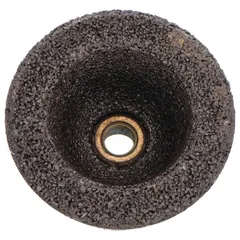 Type 11 flaring cup wheel, 6 in diameter, 2 in thickness, with 5/8-11 threaded arbor. Wheel hardness Q. Designed for grinding stainless steel and nickel alloys in metal fabrication and foundry applications.