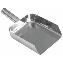 Stainless steel hygienic hand scoop in silver finish. Overall length 12 1/2 inches, overall width 6 1/4 inches. Suitable for sanitary material handling in food processing, pharmaceutical, and other clean industrial environments.