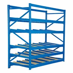 This bolt-together stationary flow rack features four tilted shelves with straight skate wheel rails, allowing cartons or totes to slide forward by gravity for first-in, first-out (FIFO) inventory management. Constructed with a blue finish, it measures 96 inches wide by 48 inches deep with an overall height of 84 inches.