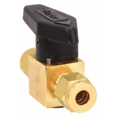 This Parker brass instrumentation plug valve is a 2-way, 1/4 in pipe size compression valve. It is used for on-off control in industrial process lines, instrumentation panels, and sampling systems.