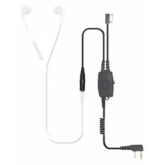 Earbud-style surveillance kit with shirt/lapel microphone and Push To Talk function. Features a two-pin connector and two wires for discreet two-way radio communication. Compatible with Kenwood NX-3320 series radios.