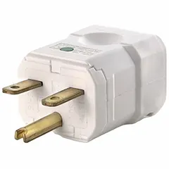 This hinged plug features a NEMA 6-15P configuration rated 250V AC and 15A with 2 poles and 3 blades. The white housing and hinged design facilitate cord termination in applications requiring a secure connection. Suitable for use with compatible straight blade receptacles in general electrical installations.
