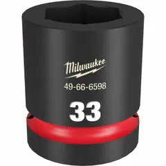 This 1" drive impact socket is designed for heavy-duty fastening tasks. It features a 33 mm metric, 6-point configuration with a standard friction ring retention system. The black phosphate finish provides corrosion resistance. Suitable for use with impact wrenches in automotive, construction, and industrial applications.