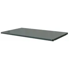 This solid steel shelf is designed for standard metal shelving units. It measures 48 inches in overall width and 24 inches in overall depth, constructed from 14-gauge steel with a gray powder-coated finish. Suitable for heavy-duty industrial storage of bulk parts, tools, or equipment in warehouses and factories.