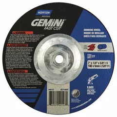 General-purpose grinding wheel for carbon and stainless steel. Type 27 depressed center design with 7" diameter, 1/4" thickness, and 5/8"-11 arbor. Aluminum oxide abrasive, 24 grit. Suitable for material removal in fabrication, welding, and maintenance tasks.