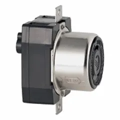This LEVITON locking receptacle is a non-NEMA general purpose device rated for 125/250V AC and 50A. It features 3 poles and 4 wires, providing a secure locking connection for power distribution in industrial settings, portable generators, and heavy-duty equipment.