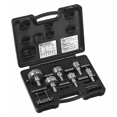 KLEIN TOOLS Hole Cutter Kit: 8 Pieces, 3/16 in Max. Cutting Dp, Carbide Tipped - Metal-Cutting Hole Cutter Kits