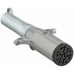 This 7-way T-connector links a vehicle's electrical system to a trailer for brake lights, turn signals, and running lights. Constructed of PVC, it accommodates 14 to 16 gauge wire and is suited for both vehicle and trailer connections in fleet and vehicle maintenance applications.