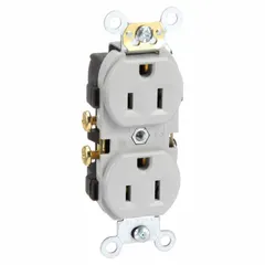 This duplex general-purpose receptacle is rated 125V AC, 15A, with a NEMA 5-15R configuration (2-pole, 3-wire). The gray finish suits standard residential, commercial, and industrial installations for powering common appliances, electronics, and lighting equipment.