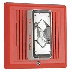 Fire alarm horn with strobe light for audible and visual emergency notification. Operates at 24V. Overall width 5 1/2 in, depth 2 in. Suitable for wall-mount applications in commercial and industrial fire safety systems.