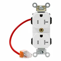 This duplex general-purpose receptacle is rated 125V AC and 20 A, with a NEMA 5-20R configuration (2-pole, 3-wire). It is designed for use in residential, commercial, and light industrial settings to power standard 20-amp appliances and equipment. The white finish suits applications where a neutral appearance is desired.