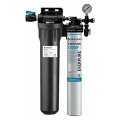 This ice machine and refrigerator water filter system uses carbon filter media to reduce cysts. It has a 0.5 micron filtration rating, a flow rate of 1.7 gpm, and an overall height of 28 inches. Suitable for commercial ice machines and refrigerators.