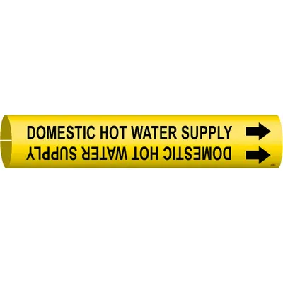 BRADY Pipe Marker: Domestic Hot Water Supply, Yellow, Black, Fits 2 1/2 to 3 7/8 in Pipe O.D. - Domestic Hot Water Supply Snap-On Pipe Markers
