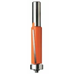 Carbide-tipped flush-trim profile router bit with 2 flutes and a 3/4 in cutter diameter. Used for trimming laminate, veneer, or solid wood flush with a substrate in woodworking and cabinet making.