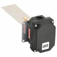 Airflow switch with polycarbonate housing and NEMA 3R rating. SPDT contact form, rated 2 A at 115/230V AC. Maximum airflow 2000 fpm, minimum vertical 750 fpm, minimum horizontal 500 fpm. Used to detect airflow presence or loss in HVAC ducts, exhaust systems, and industrial ventilation.