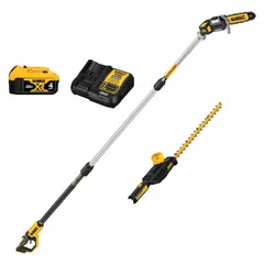 This combination kit includes a polesaw and a hedge trimmer with a 22-inch blade, powered by a 4.0 Ah battery for cordless operation. Suitable for trimming hedges and pruning tree branches in landscaping and property maintenance tasks.