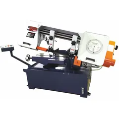 This mitering manual horizontal band saw is designed for cutting metal stock at precise angles in fabrication and maintenance applications. It features a 10 in x 16 in capacity, a blade speed range of 95 to 350 SFPM, and a mitering range from 0° to 60°. The saw operates on 3-phase, 230V AC power and draws 6.2 amps.