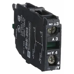 Momentary contact block with 2 normally open (2NO) contacts. Features screw clamp terminals for secure wiring. Designed for use with ZB5 series 22 mm panel-mounting devices. Suitable for industrial control circuits requiring momentary switching action.