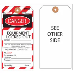 This danger tag is used for lockout/tagout procedures to indicate a locked-out device. It features a write-on surface for adding details such as date and technician name. The tag is printed in English with the word 'Danger' and is suitable for industrial maintenance applications.