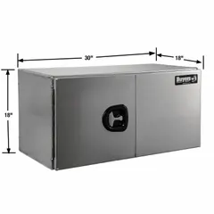This double barn-door box from BUYERS PRODUCTS is designed for underbody mounting on trucks. It features a silver finish, keyed lock for security, and an 18-inch overall depth. Suitable for organized storage of tools and equipment in fleet and service vehicles.