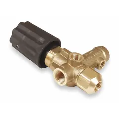 Threaded brass unloader valve with a maximum operating pressure of 3,625 psi. Designed as a high pressure water regulator repair kit, it provides pressure regulation and bypass functionality in industrial water systems such as pressure washers and cleaning equipment.