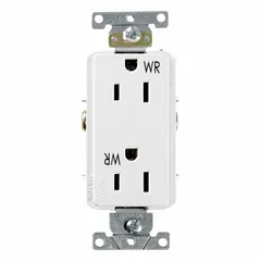 General-purpose duplex receptacle rated 125V AC, 15 A, NEMA 5-15 configuration, 2 pole / 3 wire. White finish. Suitable for standard outlets in residential, commercial, and light-industrial environments.