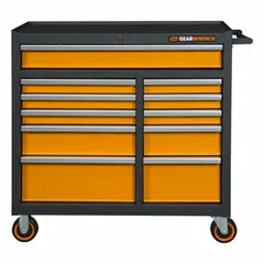 This heavy-duty rolling tool cabinet from GEARWRENCH features 11 drawers within a 10–14 drawer range. It provides organized storage for hand tools, power tools, and parts in workshops, garages, and maintenance facilities. Suitable for automotive, manufacturing, and repair applications.