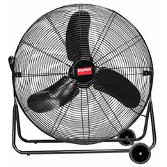 Mobile floor fan with 30-inch steel blade, 115V AC, 1/4 hp direct-drive motor. Steel frame with OSHA-compliant guards. Suitable for general air circulation and cooling in industrial environments such as workshops, warehouses, and factories.