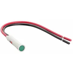 This LED indicator pilot light features a flush head design for panel mounting in a 5/16 in diameter hole. It is used to signal equipment status on industrial control panels, automation systems, and machinery. Electrical connection is made via 6 in wire leads.