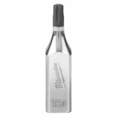 This MILWAUKEE Torx bit socket features a 1/4 in drive size and T20 tip for driving Torx fasteners. With a 1-5/8 in overall length, it is suited for assembly, repair, and maintenance tasks requiring secure fastener engagement.