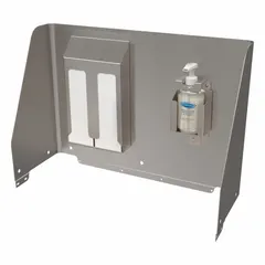 Stainless steel backsplash for Deluxe Wash-Ware Portable Hand Wash Sinks. Includes a Double Bay C-Fold Paper Towel Holder. Silver finish. Protects walls from water and soap splashes in hand-wash stations.