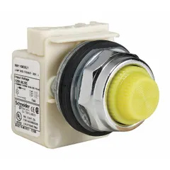 Yellow LED pilot light from the 9001K Series, designed for 30 mm panel mounting. Provides visual status indication on industrial control panels, machinery, and automation equipment. No push-to-test function included.