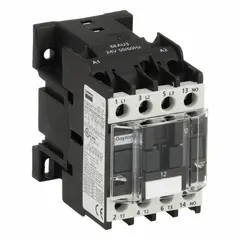 This three-pole non-reversing IEC contactor features three normally open (NO) contacts and a 24V AC coil. Rated for 12 A, it is suited for switching electrical loads in motor control and automation systems, such as pumps, fans, and conveyors. No integrated surge suppression.