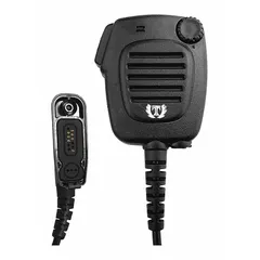 This BANSHEE speaker microphone is compatible with Motorola APX 7000 series radios. It features a multi-pin connector, 3.5 mm audio jack, and 24-inch cord. The unit includes push-to-talk and noise cancelling functions for clear communication in noisy environments.