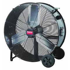 Mobile floor fan with 24-inch blade diameter, 115V AC, 1/3 hp direct-drive motor, and steel construction. Designed for air circulation, cooling, and ventilation in industrial spaces such as workshops, warehouses, and factories.