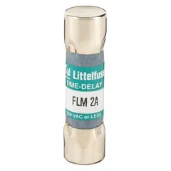 The LITTELFUSE FLM002 is a 2 A, 250 V AC time-delay cylindrical fuse with a midget 13/32 in x 1 1/2 in body. It is non-indicating and part of the FLM series. This fuse is used for overcurrent protection in industrial control circuits, motor starters, and similar equipment where time-delay characteristics help prevent nuisance opening during temporary current surges.