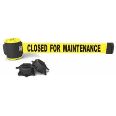 This magnetic-mount retractable belt barrier features a 30 ft yellow belt with black housing and base. Designed for maintenance and cleaning messaging, it mounts on metal surfaces to cordon off wet floors, cleaning zones, or restricted areas.