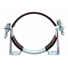 This mounting clamp is constructed from zinc plated steel and features an inside diameter of 8.78 inches. It is designed to secure bladder accumulators in hydraulic systems, providing stable support for models 4VV76 and 4VV77.